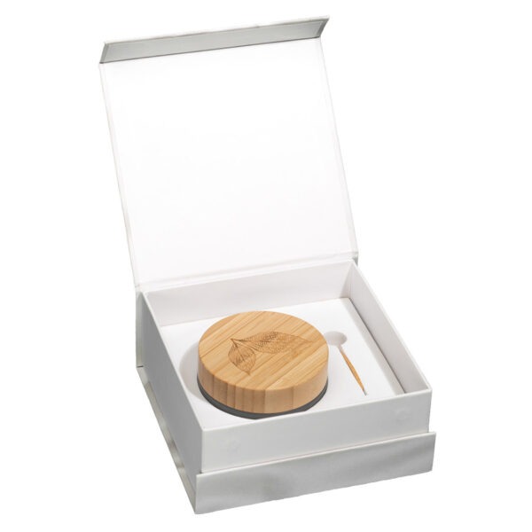 A jar of Hydra-Silk with a bamboo lid and applicator sits within its box